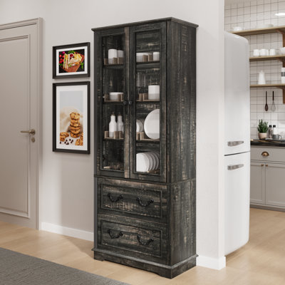  76'' H Farmhouse Kitchen Pantry Cabinet With Glass Doors, Drawers & Adjustable Shelves