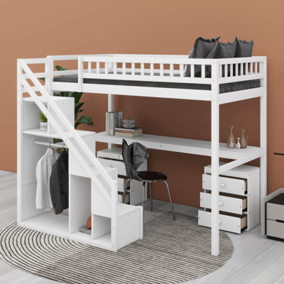 Structure de lit mezzanine avec escalier de rangement avec main courante, commode avec tiroir, DEL, garde-robe ouverte