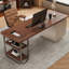 Bureau à 3 tiroirs brun noisette + blanc + argent manufacturé rectangulaire + acier inoxydable-969478755-969478758