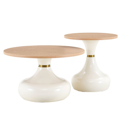 Ensemble de tables basses gigognes abordables de luxe en forme de gourde. Plateau de table en panneau de fibres à densité moyenne à grain de bois clair avec base en métal peint en aérosol blanc. Ensemble de tables basses deux pièces. Idéal pour le salon et la salle à manger.