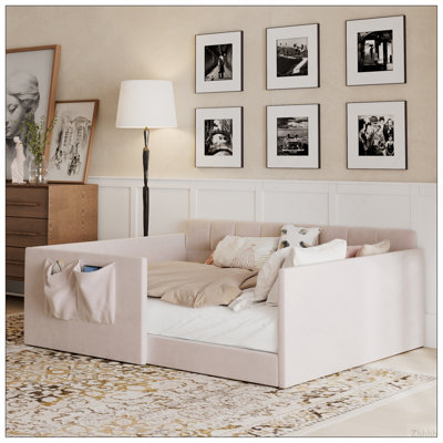 Twin Size Daybed Velvet Upholstered Sofa Bed with High Side Panels and Side Entrance, Space-Saving Guest Bed with Storage Pockets, Pink