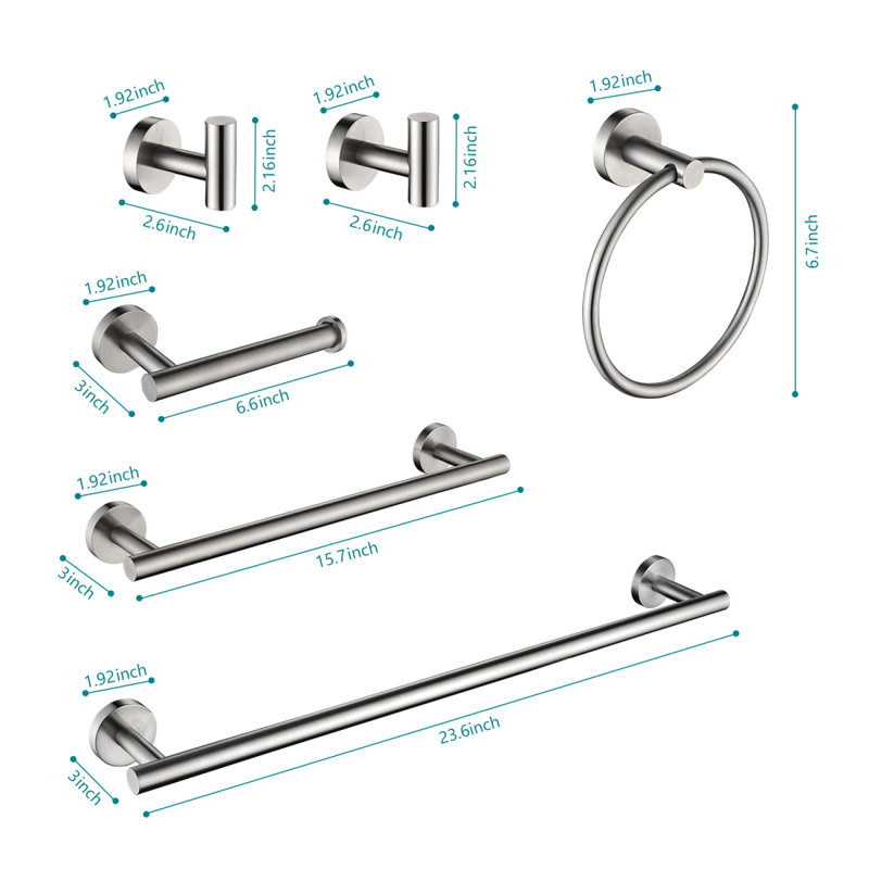 6 Piece Stainless Steel Bathroom Towel Rack Set Wall Mount, Brushed Nickel