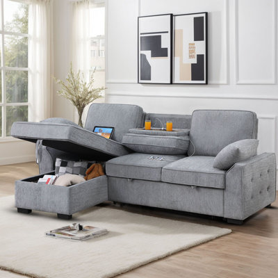 Latitude Run® 91.5 " Modern Shariff Reversible Chenille Upholstered Sleeper Sectional Sofa with Storage Chaise
