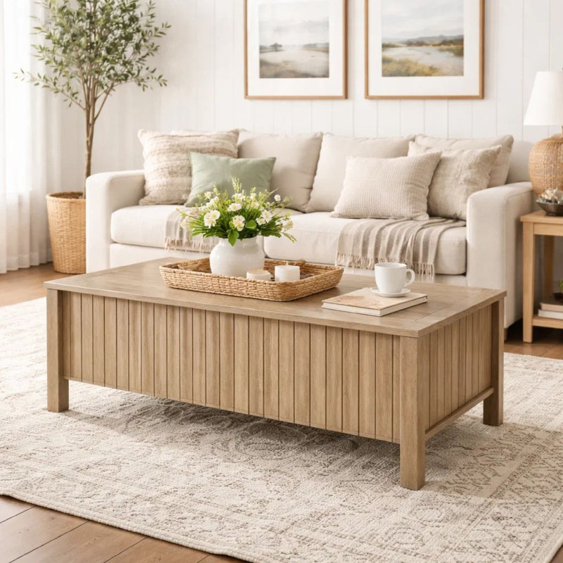 Table basse Hay, plateau rectangulaire de 47 pouces, 2 tiroirs à roseaux, beige