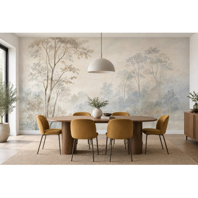 Misty Woodland Trees Wallpaper Watercolor Landscape Wall Mural