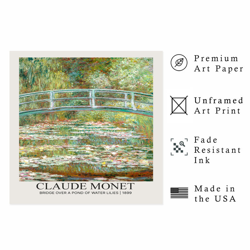 Architecture et bâtiments, pont Claude Monet au-dessus d'un étang de nénuphars, reproduction d'art classique sans cadre