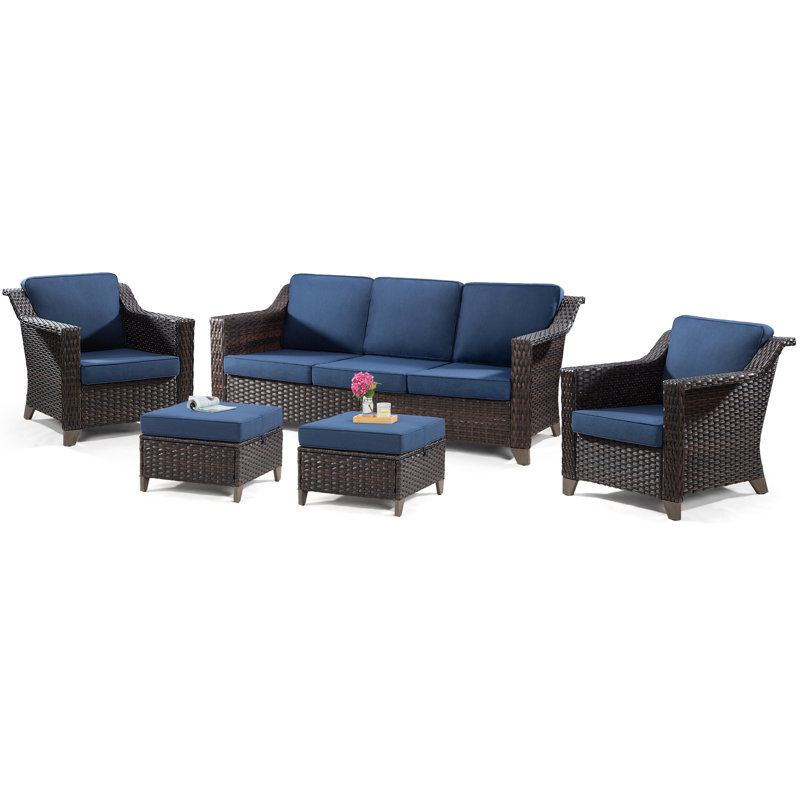 Zabelle Wicker 5 - Person Patio Conversation Set with Cushions, Blue
