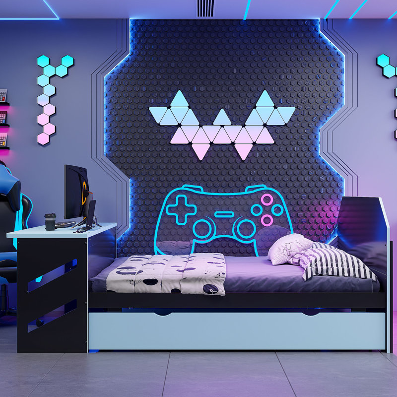 Full Size Wood Daybed with Twin Size Trundle,Desk and USB,Cloud Blue, Blue