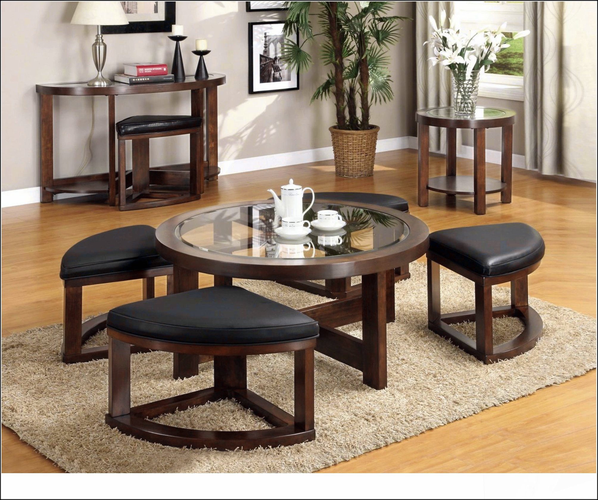 Wildon Home® Walnut Coffee Table Glass Insert Top Ottoman Included ...