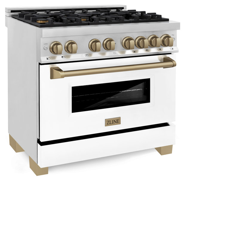 ZLINE 36" White Matte Dual Fuel Range with Champagne Bronze Accents