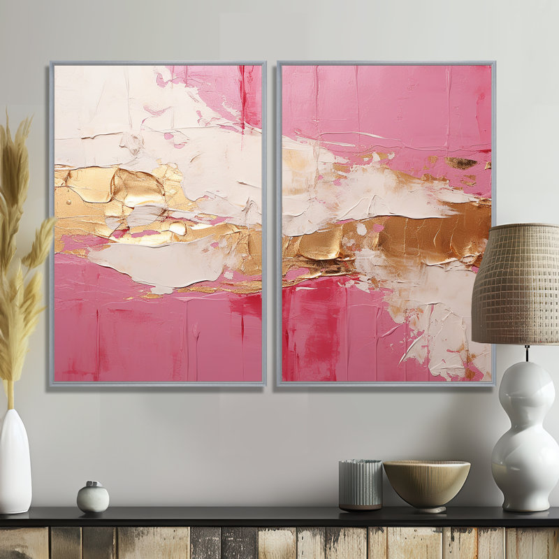 Minimalisme, horizon rose et doré I - art mural moderne, H 36 po x l 48 po, Impression encadrée flottante, Argent argent
