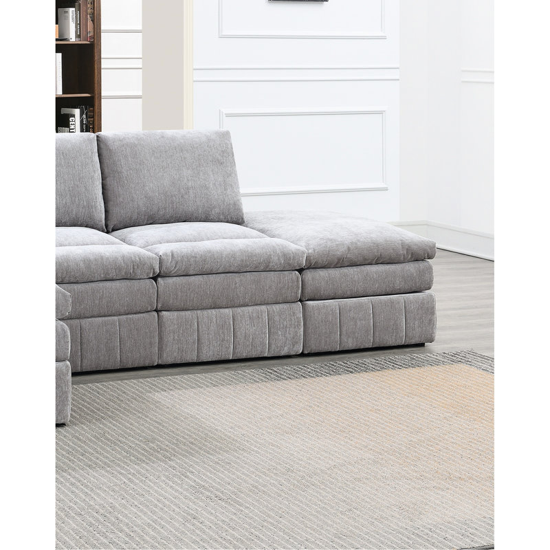 Canapé modulaire 5 pièces gris en suède gris pour un salon moderne avec coussins et pièces en tissu