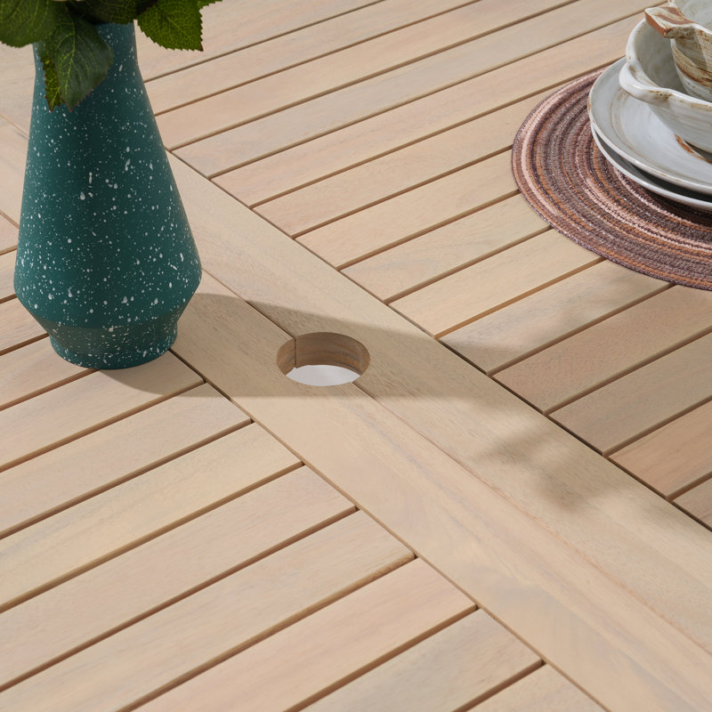 Table de salle à manger extérieure en bois d'acacia avec trou pour parasol