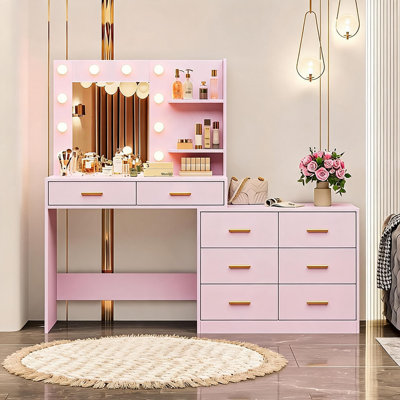Coiffeuse avec miroir, éclairage et 8 tiroirs, rangement élégant pour une beauté organisée