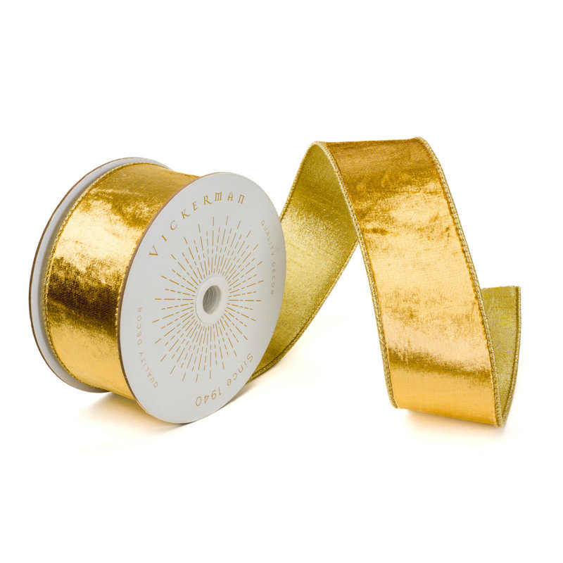 Vickerman 10 Yds Velvet with Gold Trim/Backing Ribbon., Gold, 0.2" H x 360" W x 2.5" D