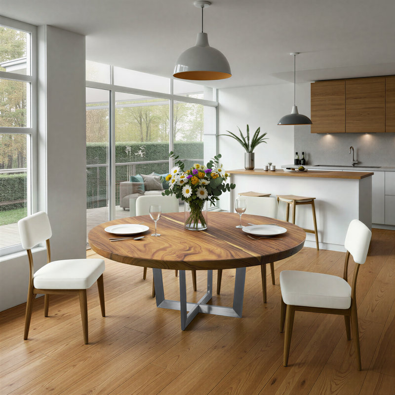 Chuleta Round Dining Table on Stainless Steel Base, Natural