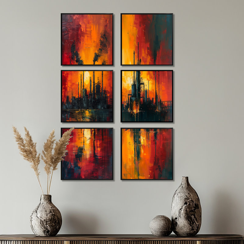 Ensemble de 6 reproductions d'art sur toile Red Industrial, Framed Print without Mat, Noir
