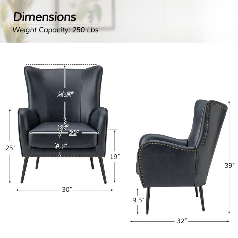 Fauteuil à oreilles 30 po Ebbert, Cuir végétalien bleu marine