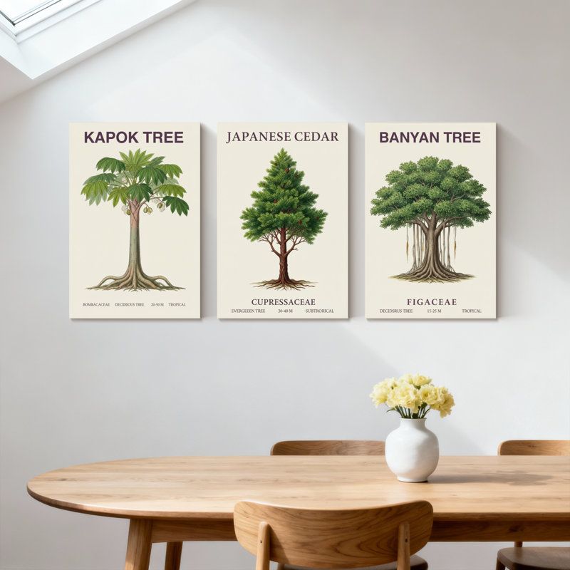 Plantes et fleurs Kapok arbre japonais cèdre Banyan ensemble de 3 impressions sur toile, H 24 po x l 48 po