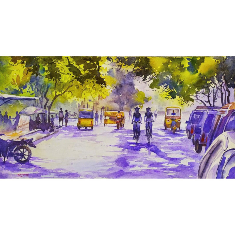 Paysage urbain indien | Teinte mauve | Aquarelle sur papier