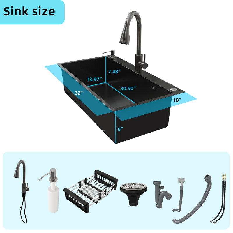 Évier de cuisine à simple cuve, H 8 po x l 18 po x L 32 po, Noir