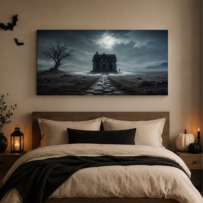 Vieille maison en bois sous la pleine lune avec chemin de pierre - Toile murale d'Halloween, 46“W x 24”H
