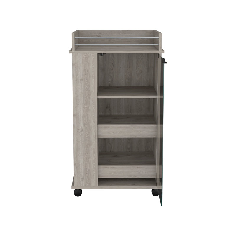 Chariot-bar avec porte vitrée, 2 tablettes latérales et roulettes, gris clair
