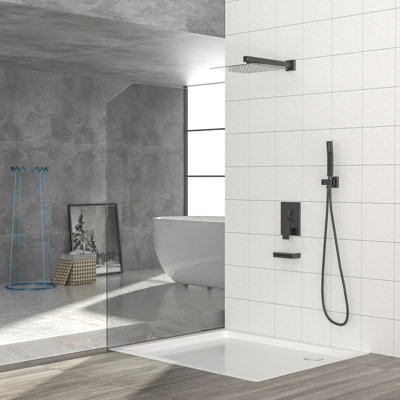 Système de douche avec bec de baignoire en cascade, système de douche carré mural de 12 pouces avec valve brute, nickel brossé