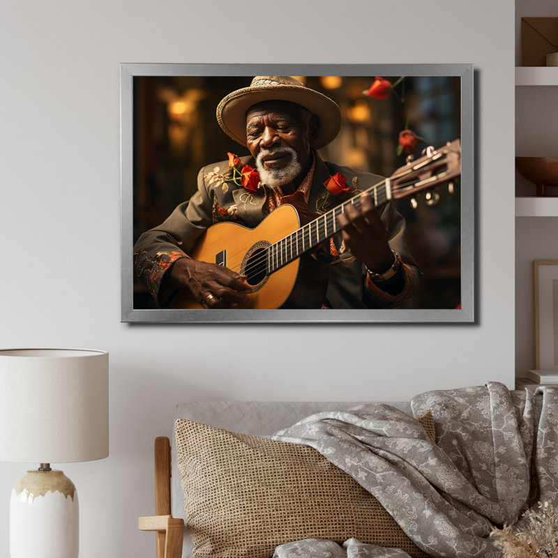 Red Cuban Singer III - Music Wall Decor, Cadre simple argenté, H 34 po x l 44 po x P 1,5 po