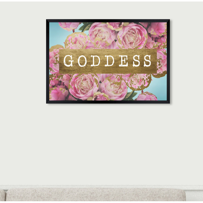 «Lynn Goddess Florals Gold» par Oliver Gal - reproduction d'art textuel, H 20 po x l 30 po x P 1,5 po, Cadre noir