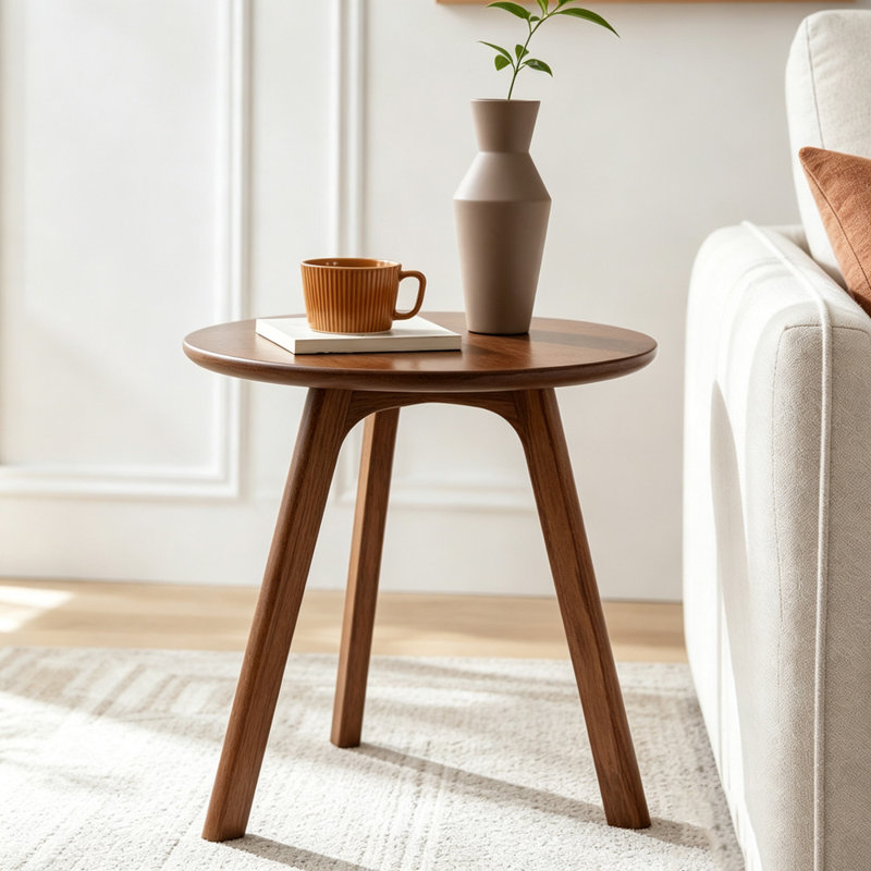 Table d'appoint ronde 100 % chêne massif avec un design à trois pieds pour une stabilité accrue, Noyer