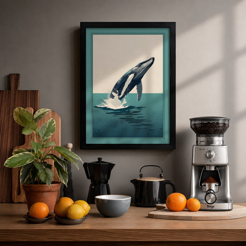 Breaching Whale Coastal - Framed Print, Black, A3 - 42.0 x 29.7 cm