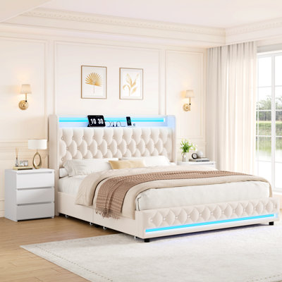 Ensemble de chambre à coucher moderne 3 pièces avec lit en velours et deux tables de chevet avec rangement