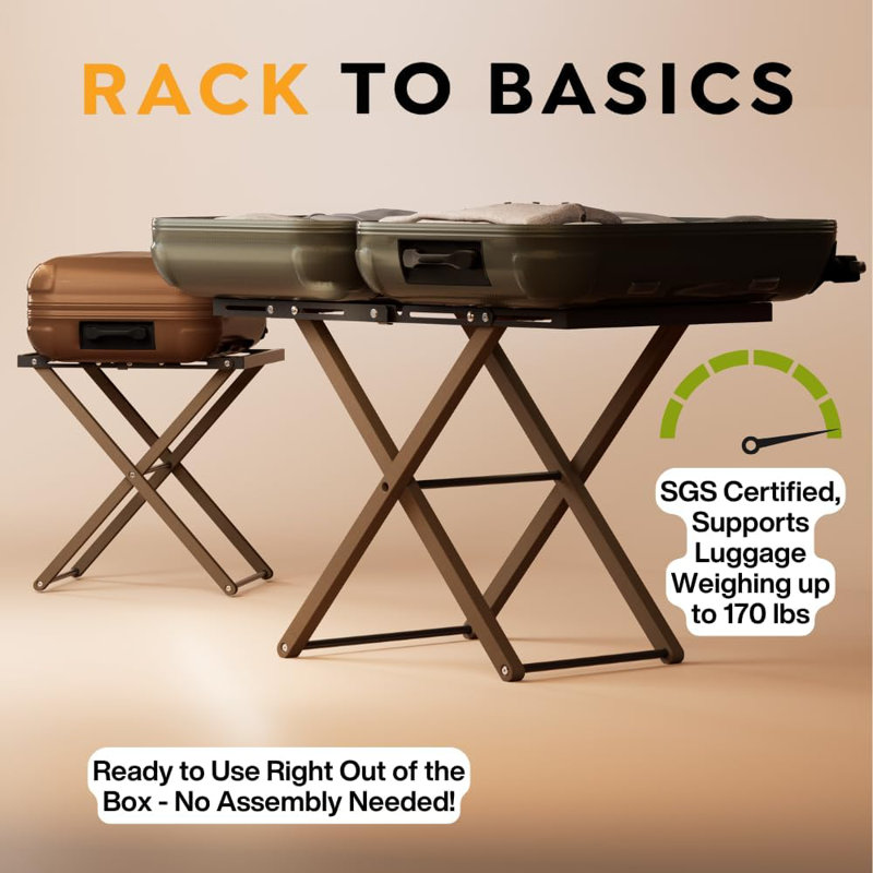 Fully Assembled Luggage Rack for Guest Room, Upgraded Bamboo Foldable Suitcase Stand with 5 Nylon Straps