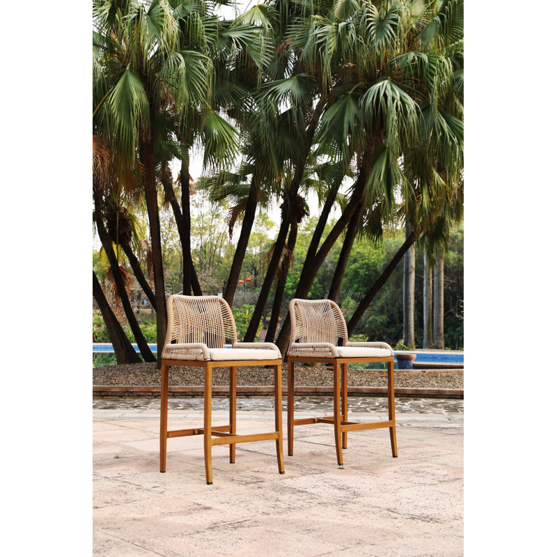 2 tabourets de bar à hauteur de comptoir 2 pièces, tissage en osier et structure en aluminium, sièges rembourrés pour la terrasse, la cuisine et la piscine