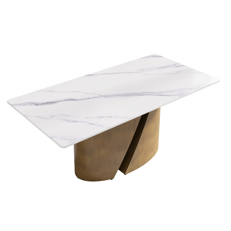 Table de salle à manger en pierre frittée blanche avec pieds robustes en fer et bronze - Convient à 6 sièges individuels de 72,1 po