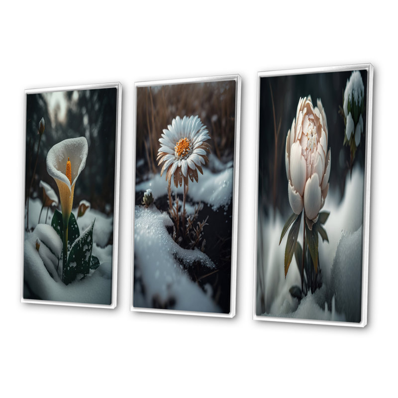 A Blooming White Flower Winter - Ensemble de 3 cadres flottants, Cadre flottant blanc, H 32 po x l 48 po