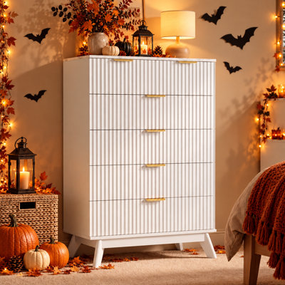 Commode cannelée à 5 tiroirs avec dessus en faux marbre, commode de style Mid-Century avec poignées en métal, meuble de rangement en bois et meuble télé pour chambre à coucher, salon