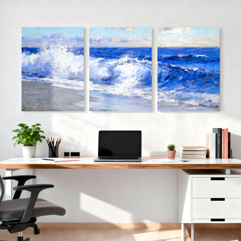 Ensemble de 3 toiles murales représentant une scène de plage et de vagues océaniques, H 30 po x l 60 po