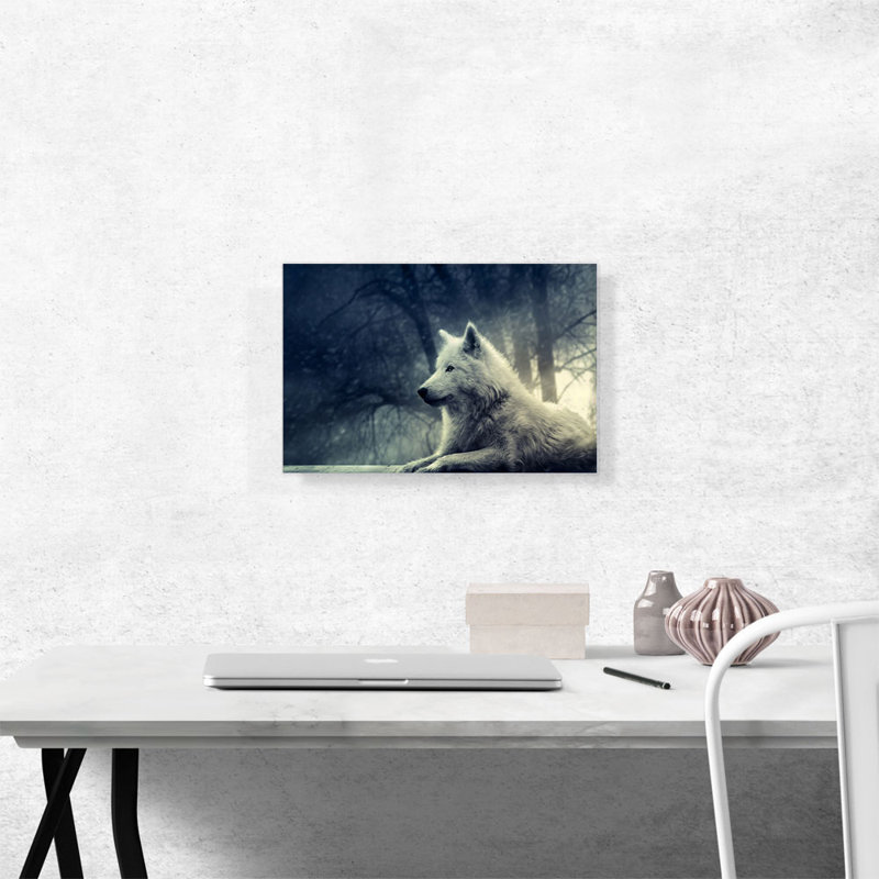 Loup blanc dans la forêt - reproduction de photo sur toile tendue, H 12 po x l 18 po x P 0,75 po
