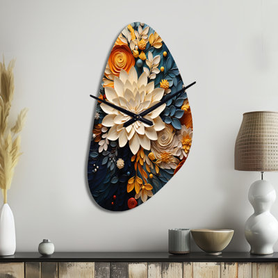Horloge murale orange, bleu sarcelle, tourbillon botanique IV - Botanicals