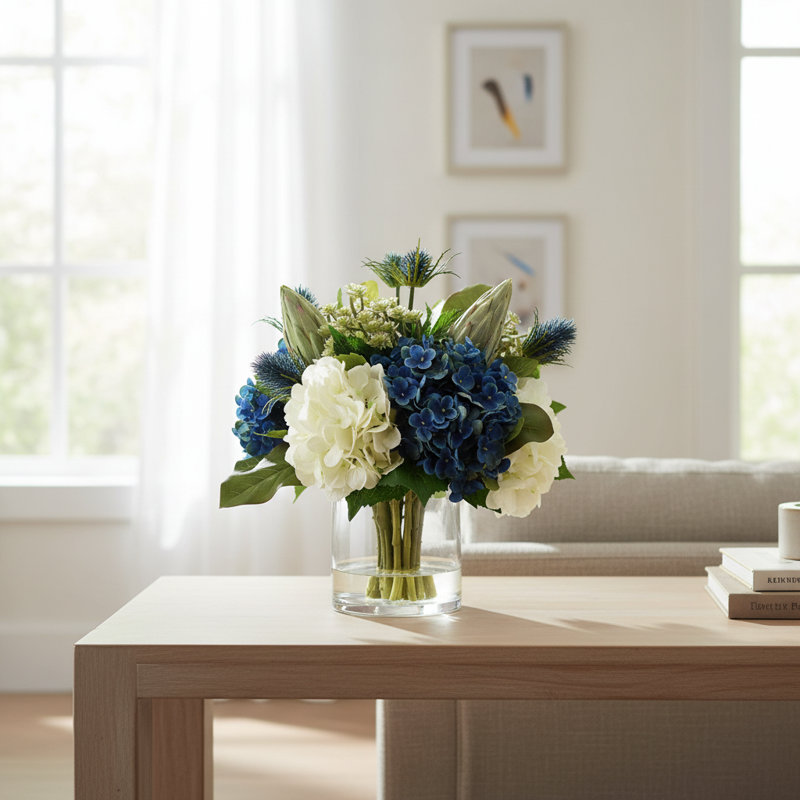 Allan Assorted Hydrangeas with Thistle, Cactus and Protea in Glass Vase