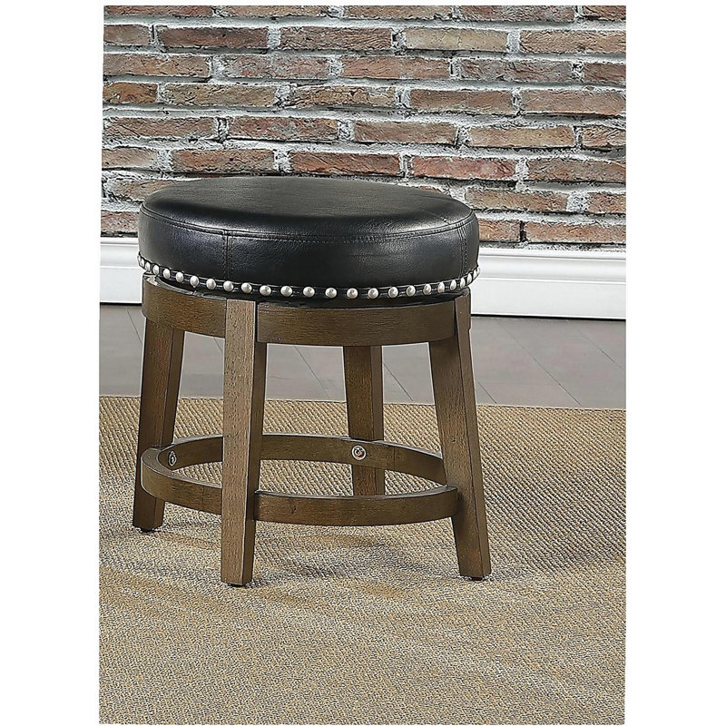 Ensemble 2 pièces, fauteuil rotatif à 360 degrés en similicuir noir, avec tête de clou décorée en bois massif, mobilier de style transitionnel brun