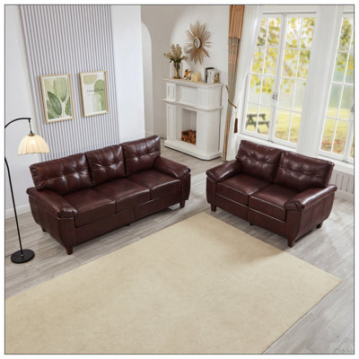 2 Pieces Sofa Modern Design Faux Leather 3 Seater & Loveseat,Living Room Sofa with Storage,Big Armrest Sofa,Upholstered Breathable PU Leather Sofa,Burgundy