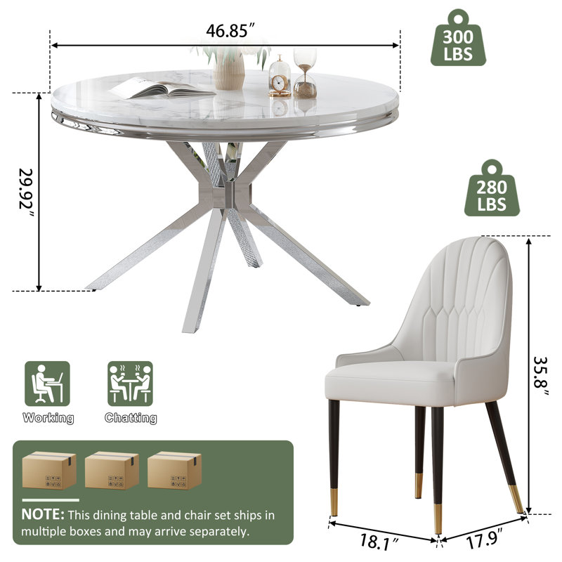 46.85”Faux Marble Top Stainless Steel Base Dining Table Set, White/Silver, White/Silver