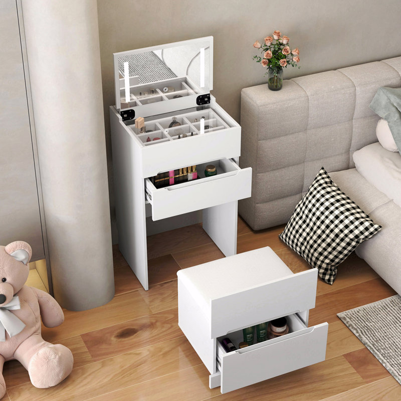 Dressing Table (Makeup Vanity)  - 3 In 1 Vanity Desk (Makeup Vanity) With Open Top Mirror,Small Make Up Makeup Vanity  With Visible Glass Desktop,Compact Makeup Makeup Vanity  With 3 Drawers,, For Bedroom