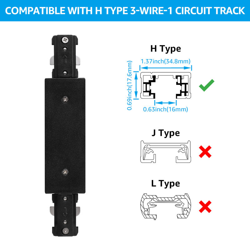 Connecteur d'alimentation en H à rail d'alimentation H, ensemble d'éclairage sur rail à 3 fils et 1 circuit de type H, noir