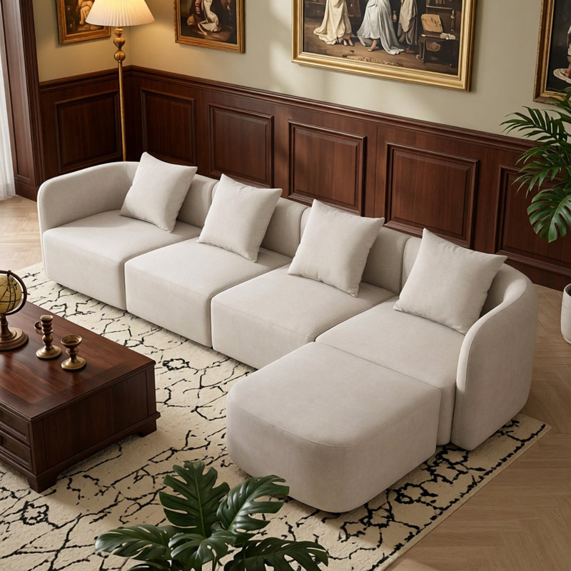 Mid Century Modular Sectional Sofa with Ottoman, Beige Velvet Upholstered,  Arrangeable Living Room Set includes Toss Pillow