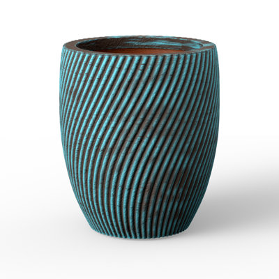 20 in. Large Concrete Round Planter / Pot with Teal Stripes with Drainage Holes for Indoor & Outdoor
