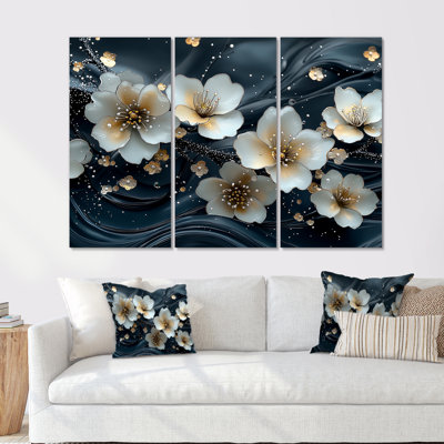 Ensemble de salon art mural blanc et blanc Blooming Marble Flowers River IV - Poppies